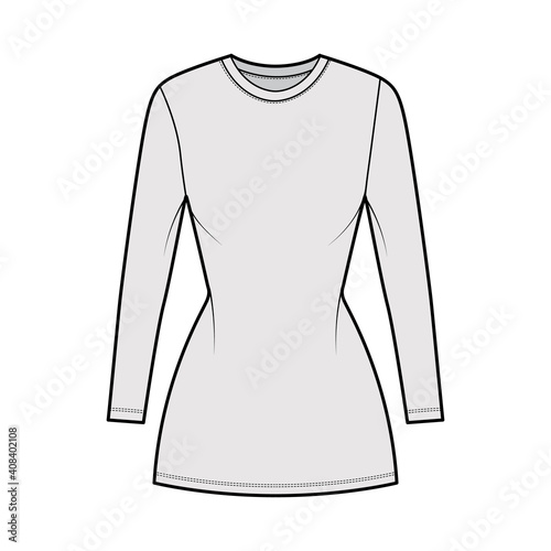 T-shirt dress technical fashion illustration with crew neck, long sleeves, mini length, slim fit, Pencil fullness. Flat apparel template front, grey color. Women, men, unisex CAD mockup