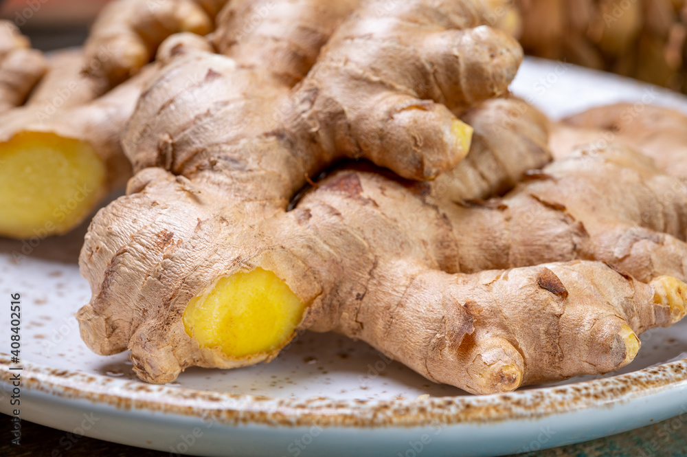 Fresh organic ginger roots, healthy food ingredient