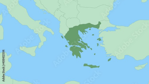 Map of Greece with pin of country capital. Greece Map with neighboring countries in green color.
