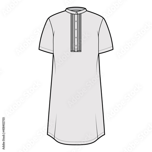 Shirt kurta technical fashion illustration with short sleeves, embellished henley neck. Flat indian shalwar qameez tunic apparel outwear template front, grey color. Women men unisex CAD mockup