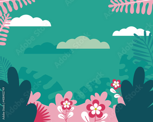 turquoise background with tropical leaves and flowers  colorful design