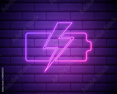 Charging battery with lightning sign, technology icon. Pink neon style on brick wall background. Light icon