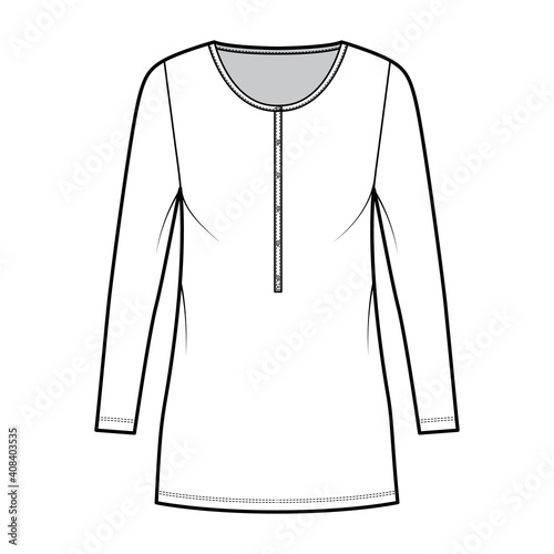 Shirt dress mini technical fashion illustration with henley neck, long sleeves, oversized, Pencil fullness, stretch jersey. Flat apparel template front, white color. Women, men, unisex CAD mockup