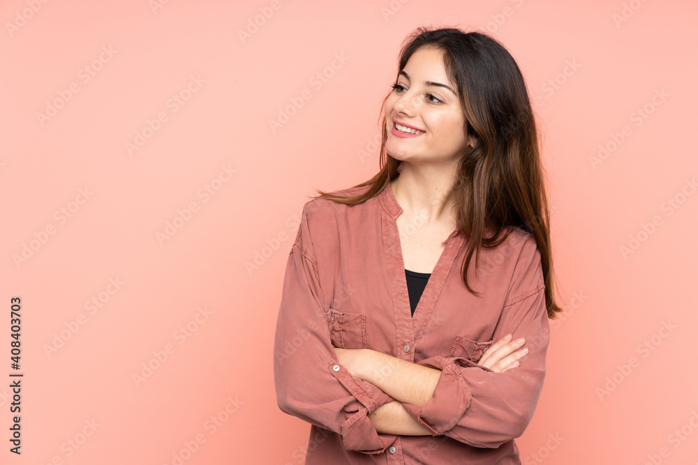 Young caucasian woman isolated on pink background happy and smiling Young caucasian woman isolated on pink background happy and smiling