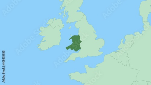 Map of Wales with pin of country capital. Wales Map with neighboring countries in green color.
