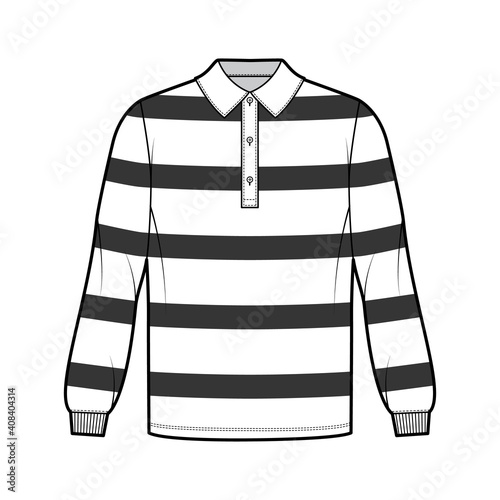Shirt rugby technical fashion illustration with long sleeves, tunic length, henley neck, oversized, flat collar. Apparel top outwear template front, white color. Women men unisex CAD mockup