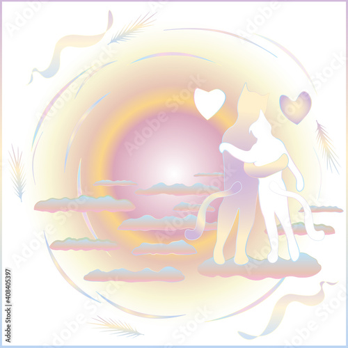 Love cats clip art. Cats hugging in the clouds at sunset background