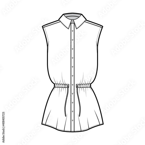 Shirt drawstring gathered waist technical fashion illustration with tie, sleeveless, tunic length, classic collar. Flat apparel top outwear template front, white color. Women men unisex CAD mockup