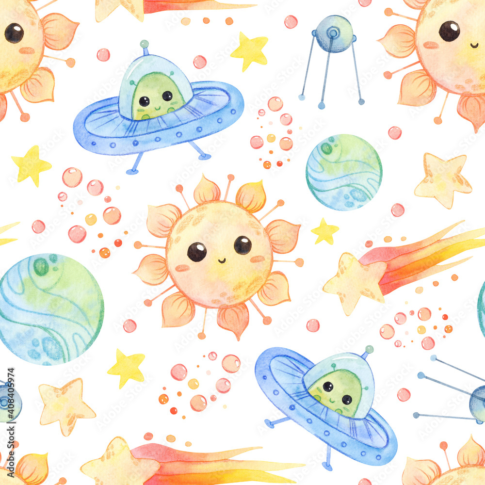 Cute cartoon universe. Space travel. Seamless pattern.Sun, planets, comets, aliens, rockets, stars on a white background.