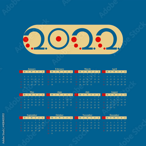 2022 calendar blue page diary desktop. Week Start Sunday. Business day and month planner template. Vector mock up illustration