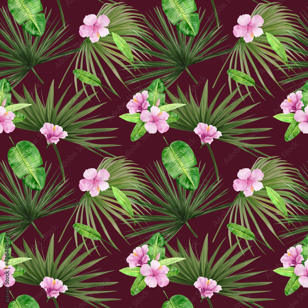 Watercolor illustration seamless pattern of tropical leaves and flower hibiscus. Perfect as background texture, wrapping paper, textile or wallpaper design. Hand drawn
