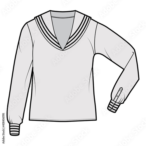 Shirt middy sailor suit technical fashion illustration with long sleeves with cuff, tunic length, oversized. Flat apparel top outwear blouse template front, grey color. Women men unisex CAD mockup