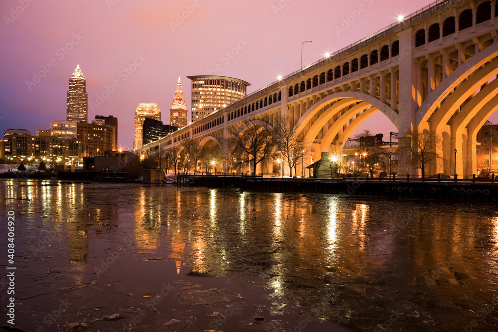 USA, Ohio, Bridge crossing Cuyahoga River at dusk Cleveland USA, Ohio, Bridge crossing Cuyahoga River at dusk Cleveland