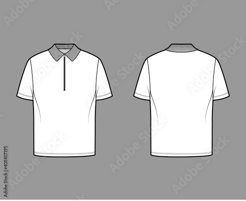 Shirt zip polo technical fashion illustration with short sleeves, tunic length, henley neck, oversized, flat knit collar. Apparel top outwear template front, back, white color. Women men CAD mockup