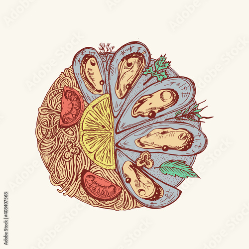 Sea mussels in vintage retro style. Nautical molluscs. Ocean food. Vector illustration. Hand drawn engraved retro sketch.