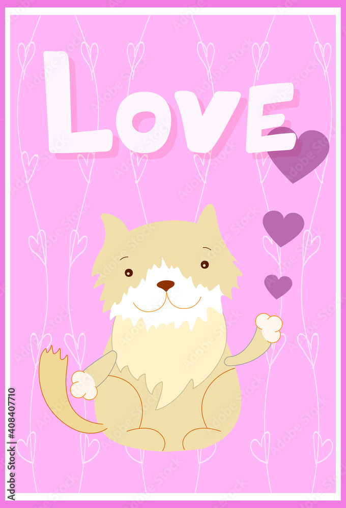 Valentine's day template greeting card with cute cat. Happy Valentine's day, Love you text. Holiday concept. Vector illustration for design.