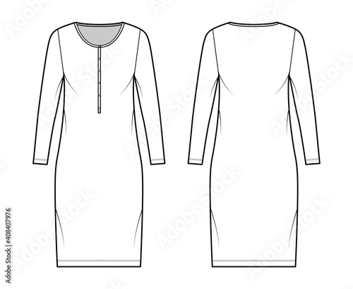 Shirt dress technical fashion illustration with henley neck, long sleeves, knee length, oversized, Pencil fullness. Flat apparel template front, back, white color. Women, men, unisex CAD mockup