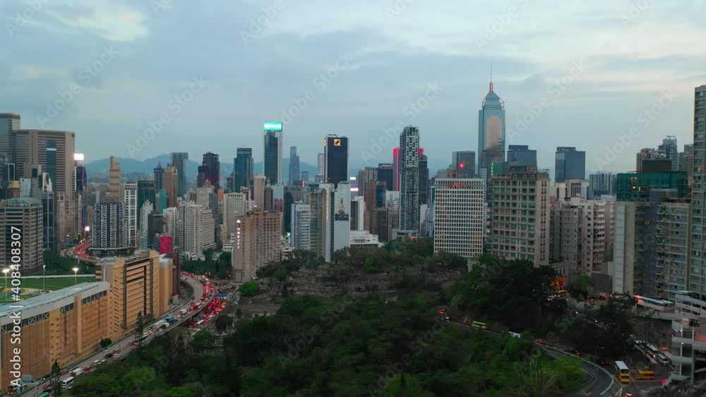 sunset time hong kong wan chai district traffic street downtown aerial panorama 4k sunset time hong kong wan chai district traffic street downtown aerial panorama 4k