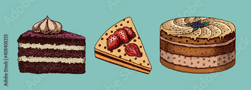 Birthday cake. Fruit dessert or tart. Hand drawn bakery product. Celebratory Sweet Food. Vintage engraved sketch. Vector illustration for a banner or menu of a cafe and restaurant.