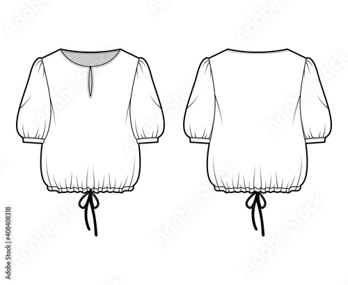 Blouse cropped drawstring technical fashion illustration with scoop neck, elbow sleeves, slashed button opening, oversized. Flat blouse template front, back white color. Women unisex top CAD mockup