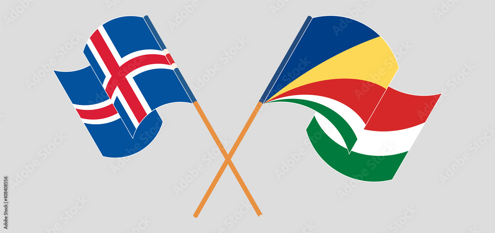 Crossed and waving flags of Iceland and Seychelles