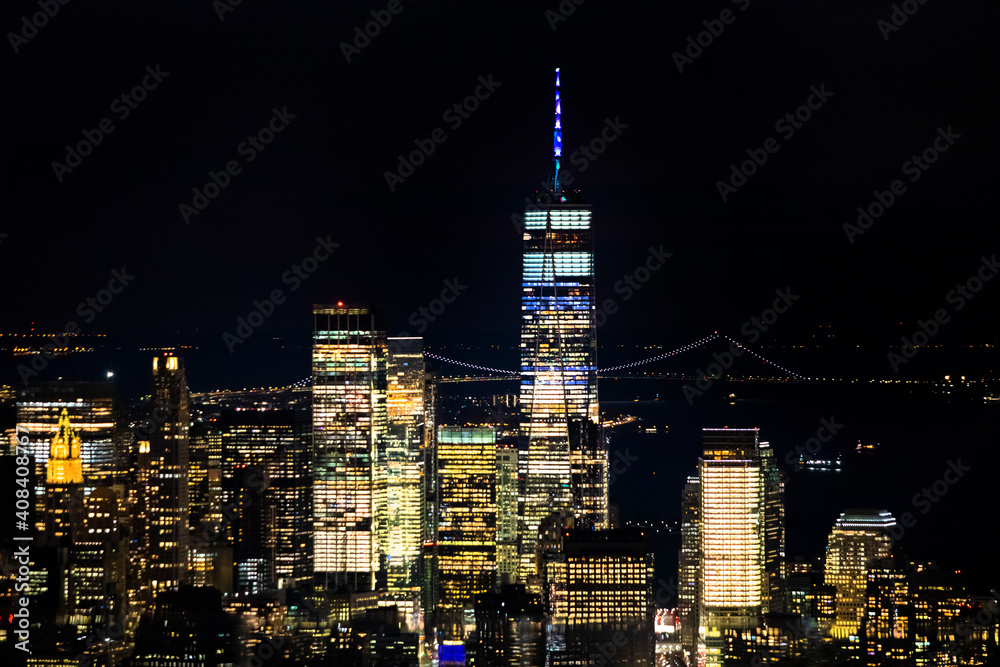 Scenic view of Manhattan downtown skyscrapers at night