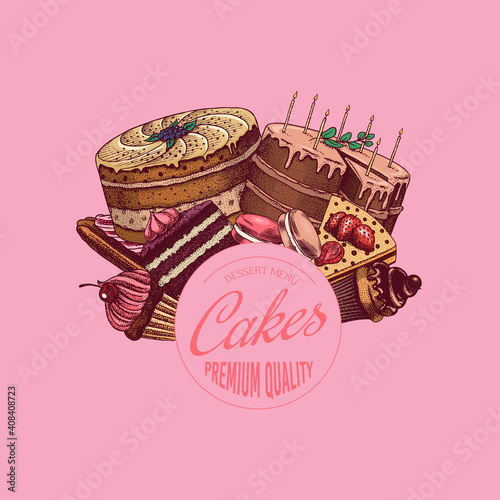 Cakes and cream tarts sticker. Fruit desserts and muffins label. Hand drawn emblem or badge. Vintage engraved sketch. Vector illustration for a banner or menu of a cafe and restaurant.