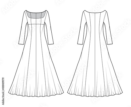 Dress evening technical fashion illustration with scoop neck, maxi floor length, fitted body, circular fullness, long sleeves. Flat apparel template front, back, white color. Women, unisex CAD mockup