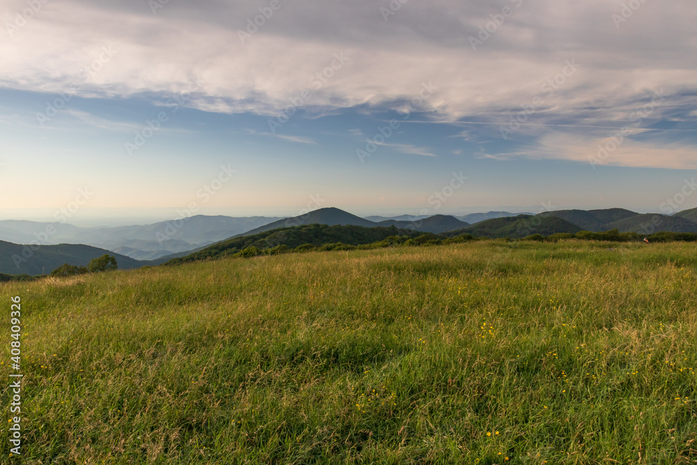 Sunset view from Max Patch bald over the Great Smoky Mountains