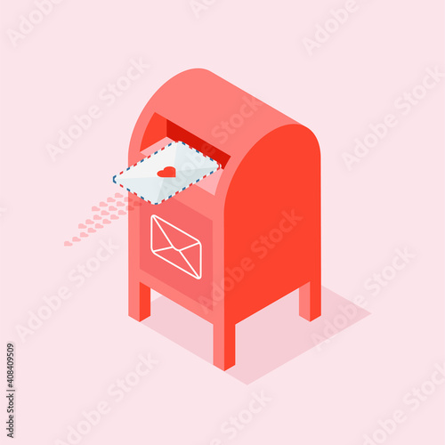 Love letter to soulmate or partner. Red mailbox with envelope flies inside in isometric style. Vector Valentines Day greeting card.