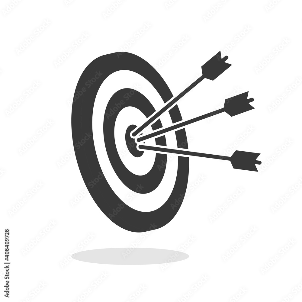 Target with an arrows hit the center. Business challenge and goal achievement concept. Flight path. Vector illustration isolated on white background. Black icon. Target with an arrows hit the center. Business challenge and goal achievement concept. Flight path. Vector illustration isolated on white background. Black icon.
