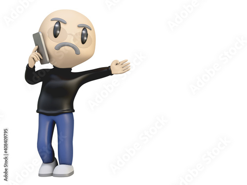 CLIPPING PATH 3D RENDER ILLUSTRATION human man people tourist glasses hand holding mobile smart phone. cartoon character thinker mastermind sage thinking idea. Copy space Isolated white background.