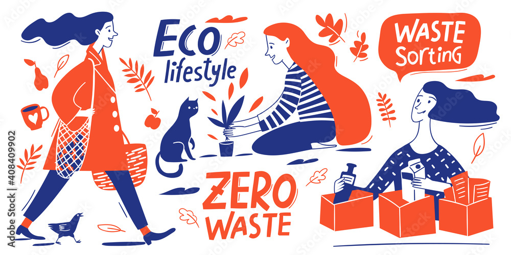 Eco lifestyle motivational vector design with zero waste doodle elements and lettering