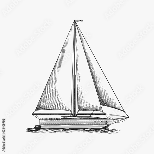Sailboat in the sea, summer adventure, active vacation. Seagoing vessel, marine ship or nautical caravel. Water transport in the ocean for sailor and captain. Engraved hand drawn in vintage style.