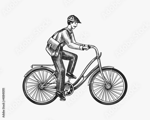 A man on a bicycle. Eco friendly transport. The postman rides a bike. Vintage custom emblem, label badges for t shirt. Monochrome retro style. Hand drawn engraved sketch