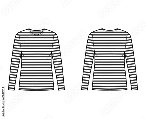 Shirt sailor basque technical fashion illustration with long sleeves, tunic length, scoop neck, oversized. Apparel french top outwear template front, back, white color. Women men unisex CAD mockup