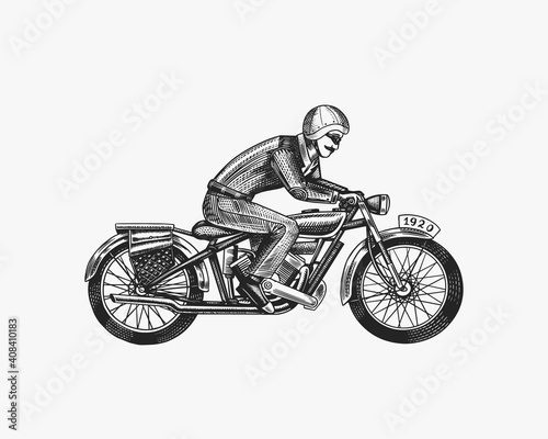 Motorcycle for biker club templates. Vintage custom emblem  label badge. Fire racer for t shirt. Monochrome retro style. Classic sport motorbike. Hand drawn engraved sketch