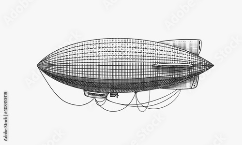 Airship or zeppelin and dirigible or blimp. Engraved hand drawn in old sketch style, vintage transport.