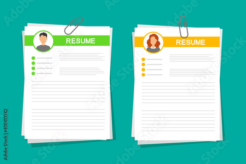 CV application set. Business man and women resume form. Search and select professional staff. Recruitment and employment. Job interview concept. Vector illustration in trendy flat style.