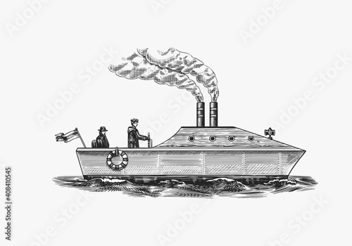Motor ship with sailors. Seagoing vessel with steam smoke from the pipe, nautical marine sailboat. Water transport and mariner in the ocean. Wngraved hand drawn in vintage style.