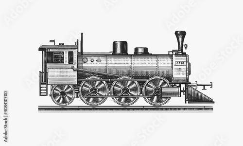 Old locomotive or train on railway. Retro transport. Engraved vintage  hand drawn sketch for t shirt.