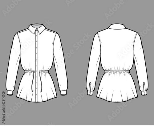 Shirt drawstring gathered waist technical fashion illustration with tie, long sleeves, tunic length, classic collar. Flat apparel top outwear template front, back, white color. Women men CAD mockup