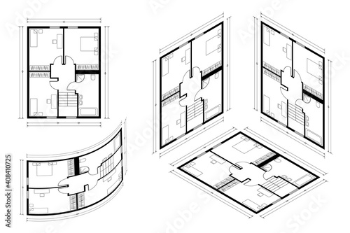 Isometric Architect Blueprint Vector Plan of Home. Blueprint House Plan Drawing. Professional Architectural Illustration Sketch Home.