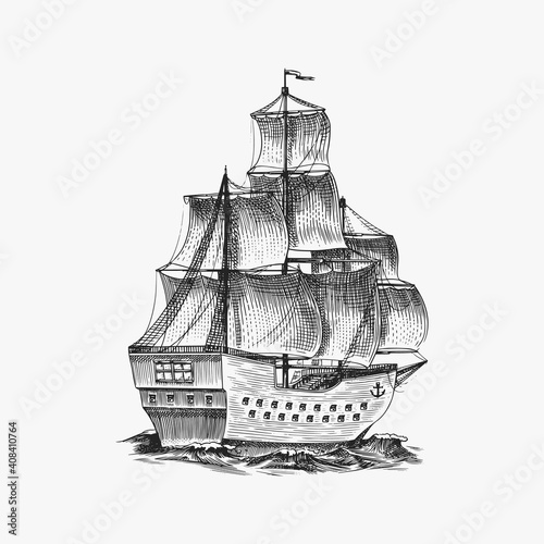 Sailboat in the sea, summer adventure, active vacation. Seagoing vessel, marine ship or nautical caravel. Water transport in the ocean for sailor and captain. Engraved hand drawn in vintage style.