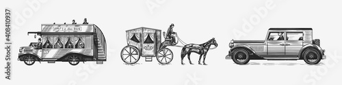 Vintage car for service signboard. Locomotive or train. Horse carriage. Coachman on an old victorian Chariot. Old transport. Retro old school auto. Engraved hand drawn sketch.