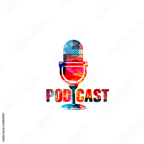 Audio podcast concept, podcast recording, online show, live streaming, broadcasting colorful vector illustration design