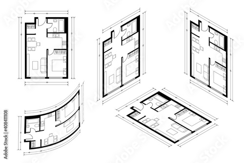 Isometric Architect Blueprint Vector Plan of Home. Blueprint House Plan Drawing. Professional Architectural Illustration Sketch Home.