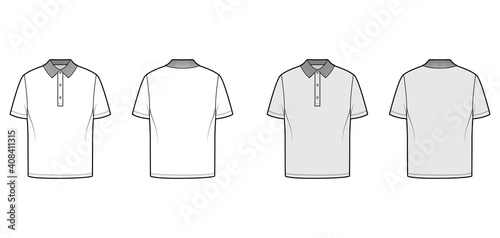 Shirt polo technical fashion illustration with short sleeves, tunic length, henley neck, oversized, flat knit collar. Apparel top outwear template front, back, white, grey color. Women men CAD mockup