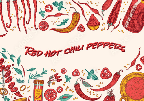 Red hot chili peppers in vintage style. Salad ingredients. Farm vegetable banner or poster. Vector illustration. Hand drawn engraved retro sketch. Background for restaurant menu