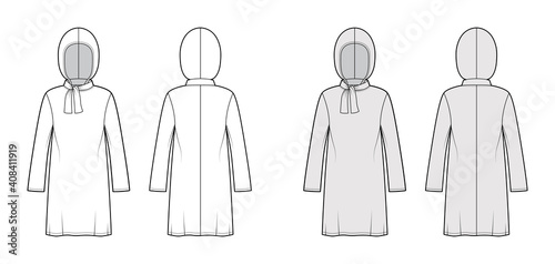 Modest hijab tunic technical fashion illustration with tie, long sleeves, oversized, under-the-knee length, hood. Flat shirt apparel top template front, back, white, grey color. Women men CAD mockup
